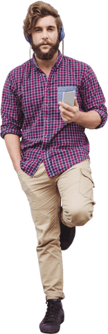 Bearded Man Relaxing with Smartphone and Headphones on Transparent Background