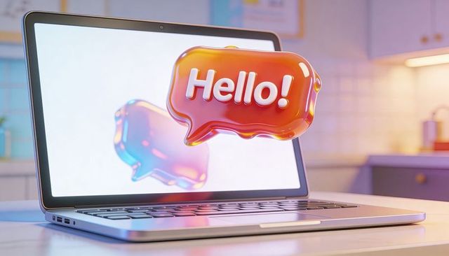 Glossy 3d hello speech bubble emerging from laptop screen on kitchen countertop with bokeh
