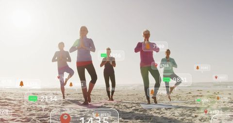 Women Exercising on Beach with Social Media Notifications Overlay