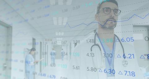 Doctor in Hospital Corridor with Data Overlays Indicating Modern Healthcare