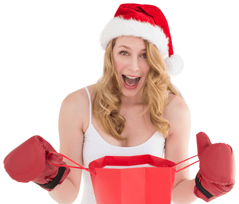 Transparent Excited Woman in Christmas Hat with Boxing Gloves and Red Bag