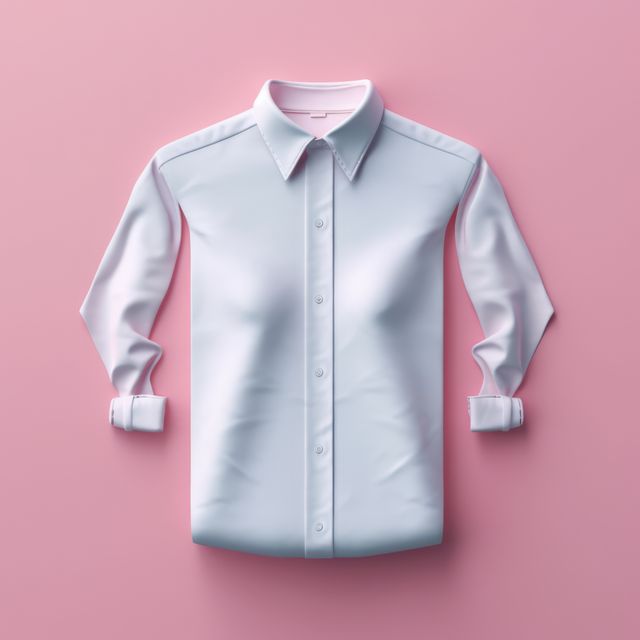 Picture depicts a white dress shirt with buttoned-up front and neatly folded sleeves against a pink background, representing fashion trends or formal office wear. Perfect for use in professional attire advertisements, e-commerce clothing store promotions, or style inspiration blogs.