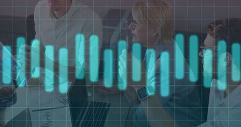 Business Team Analyzing Data with Teal Waveform Overlay in Boardroom Meeting