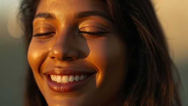 Smiling woman basking in golden hour light, closeup sunlit portrait with warm glow