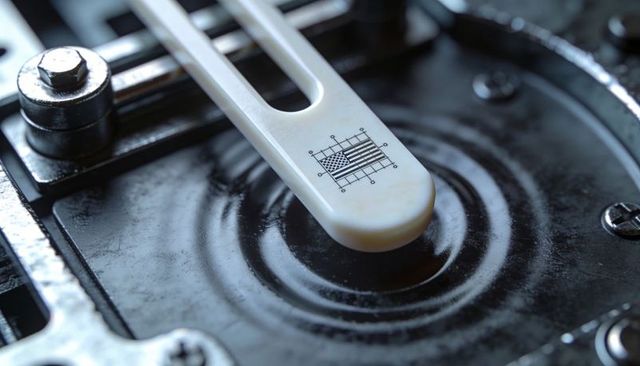 Macro white plastic lever on glossy black metal disc with screws and precision hardware