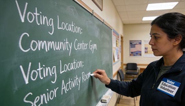 Volunteer updating voting location chalkboard in community center voter education scene