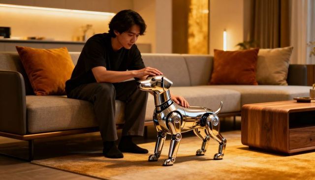 Young man petting chrome robotic dog on gray sofa in cozy modern smart home interior