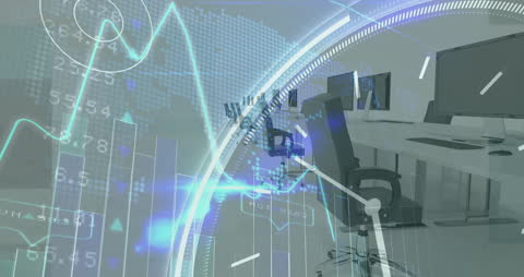 Digital Clock Overlay with Stock Market Data in Modern Office