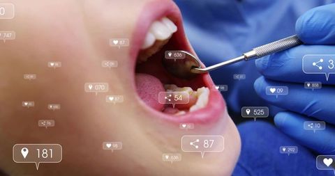 Child undergoing dental exam with mirror and probe, blue gloves, social media engagement overlays