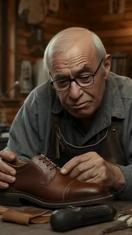 Senior Craftsman Inspecting Handmade Leather Shoe in Workshop Vertical Craftsmanship Video