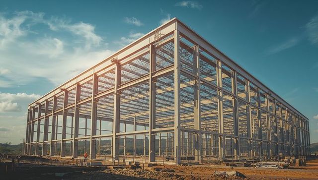Builders surveying steel structure construction site in industrial area