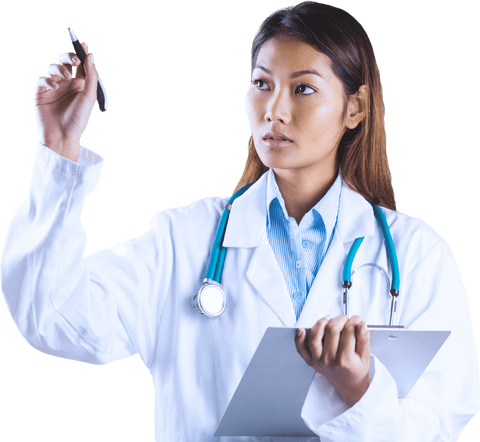 Transparent Professional Asian Doctor Holding Pen and Clipboard - Download Free Stock Videos Pikwizard.com
