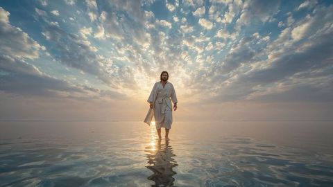 Moses serene sunrise walk on water with divine atmosphere