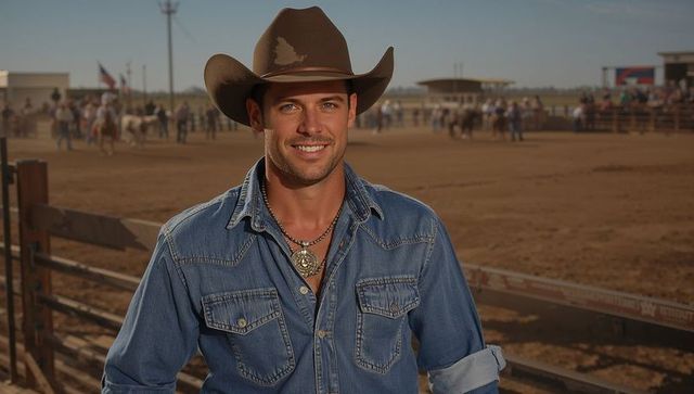 Cowboy standing against fence at rodeo arena during daytime