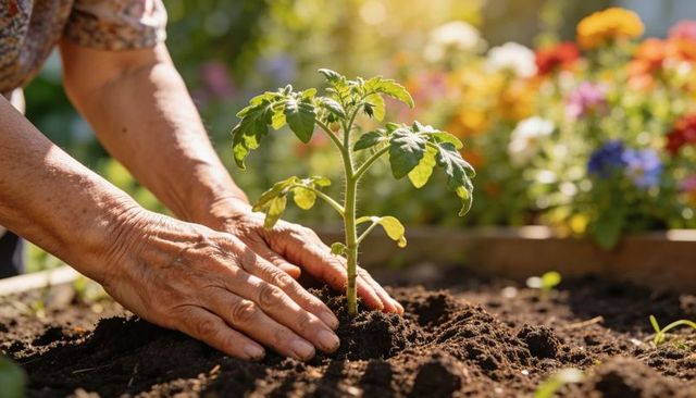 Senior gardener planting tomato seedling in raised bed with sunlight and flowers