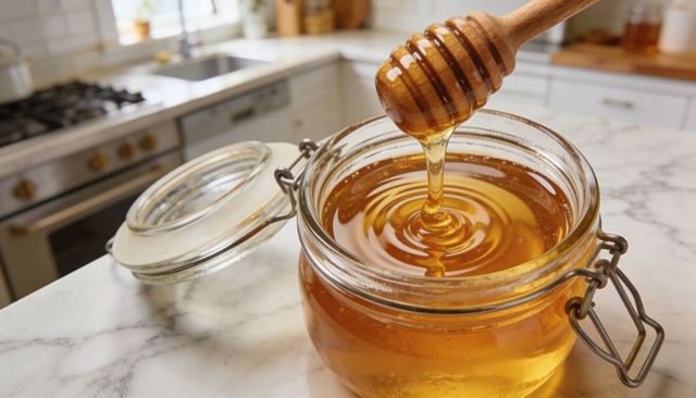 Wooden honey dipper pouring golden honey into glass clamp-top jar on marble countertop