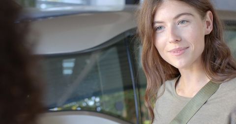 Woman Friendly Interaction Inside Car Showroom Chatting Companions