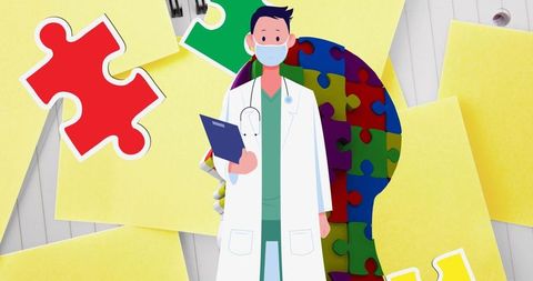 Doctor in lab coat holding clipboard with puzzle background art