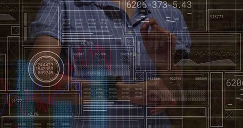 Financial analyst interacting with transparent hud using stylus, data visualization overlay