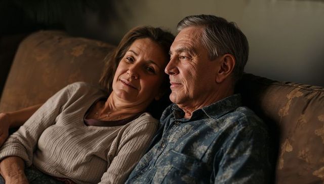 Reclining senior couple sharing quiet evening on sofa, warm intimate companionship