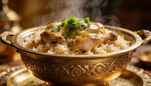Steaming roasted chicken drumsticks on basmati rice in ornate engraved brass bowl