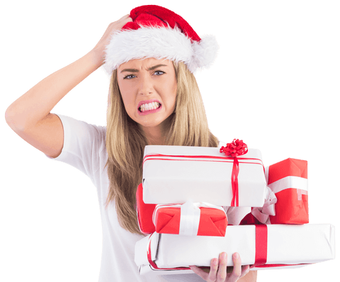 Stressed Woman with Gifts Wearing Christmas Hat on Transparent Background