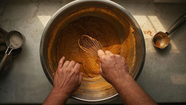 Whisking pumpkin spice batter in stainless steel bowl on sunlit counter with tools