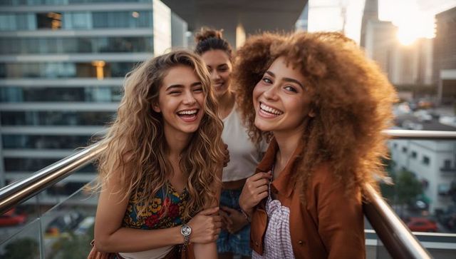 Friends laughing on rooftop balcony at golden hour, urban backlit lifestyle portrait