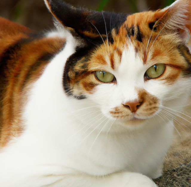 This image captures a close-up view of a calico cat with green eyes. Suitable for use in pet care blogs, animal welfare presentations, or as animal-themed artwork. Perfect for illustrating articles on cat breeds, cat behavior, or the companionship of pets.