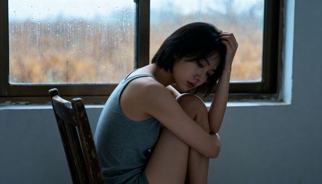 Pensive woman hugging knees on worn wooden chair by rain-speckled window, quiet introspection