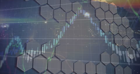 Data Analysis Animation with Hexagonal Overlay and Cityscape