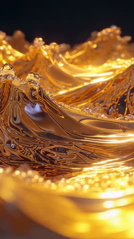 Pulling Back Vertical Video Revealing Liquid Gold Waves Cresting, Sinking, Reflecting Warm Light