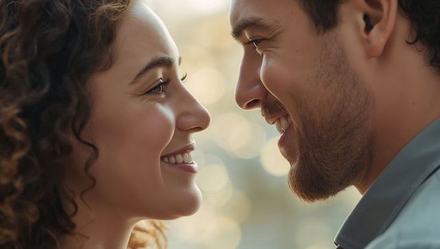 Smiling couple gazing close profile at golden hour, intimate romantic headshot