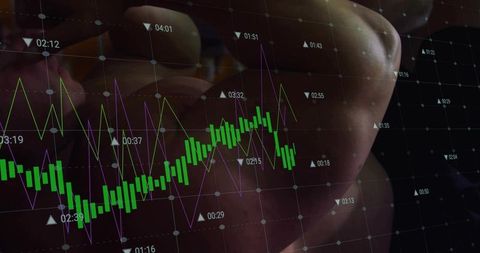 Trader hand interacting with candlestick chart on dim neon trading interface