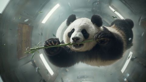 Giant panda floating and eating bamboo inside transparent cylindrical habitat