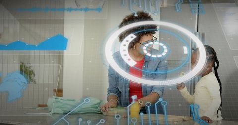 Teaching daughter cooking at modern kitchen island with digital HUD overlay