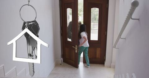 Family Entering Home After Quarantine with Keys Icon Overlay