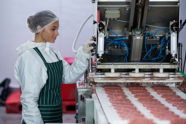 Female butcher in protective clothing operating machinery in a meat factory, processing hamburger patties. Ideal for illustrating food production, meat industry, food safety practices, and industrial kitchen environments.