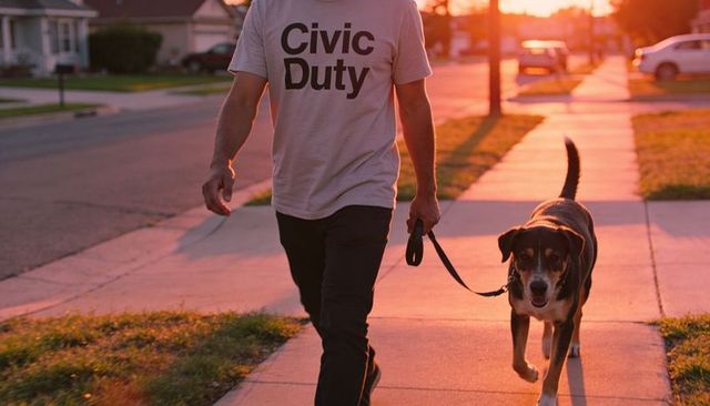 Man wearing civic duty t-shirt walking dog at sunset on suburban sidewalk
