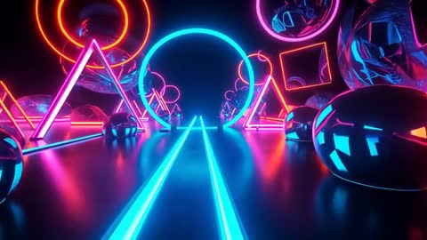 Moving camera approaching neon arch corridor guiding viewer cyan twin paths glowing geometric forms