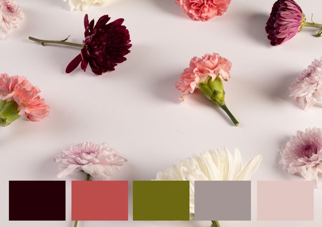 Ideal for designers, florists, and artists seeking inspiration for floral-themed projects. This image's white background makes it versatile for use in designing invitation cards, websites, or as decoration in packaging design. The color swatch next to the flowers aids in coordinating with other color elements in a project.
