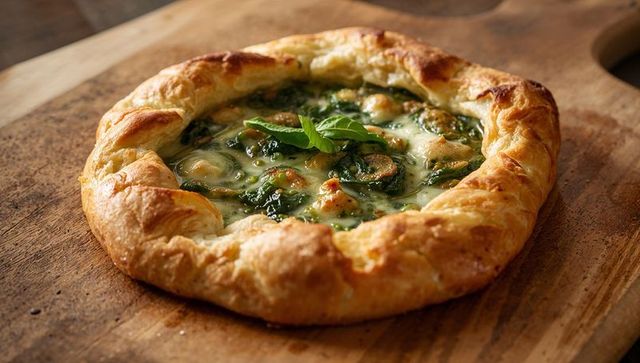 Rustic Spinach and Cheese Galette with Basil on Wooden Board, Golden Buttery Crust