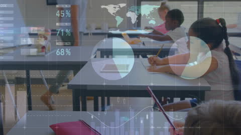 Diverse Classroom with Data Overlay Illustrating Education Insights