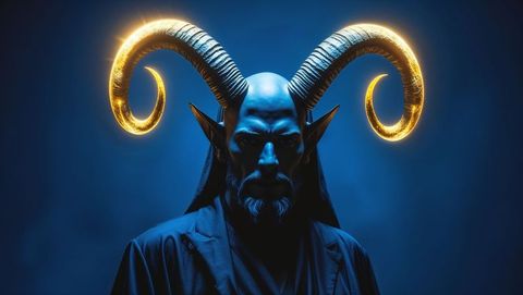 Mythical blue-skinned satan with glowing gold horns in dark misty atmosphere
