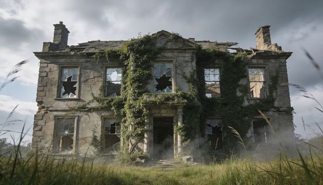 Ivy-covered abandoned manor with shattered windows and low mist in overgrown meadow, gothic ruin