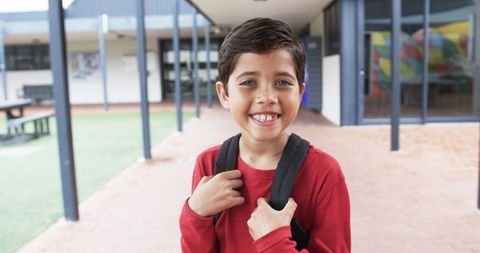 Cheerful Young Boy with Backpack Smiling in Schoolyard - Download Free Stock Images Pikwizard.com