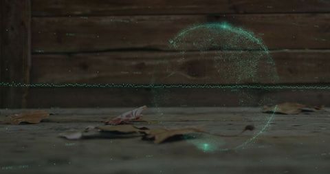 Holographic Data Visualization Over Wooden Deck With Leaves