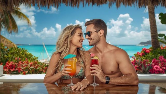 Smiling couple relaxing with cocktails at tropical beach resort