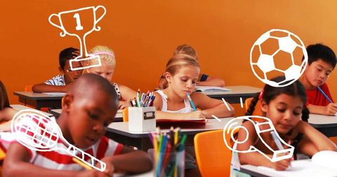 Children writing and drawing in classroom with orange chairs and playful doodles