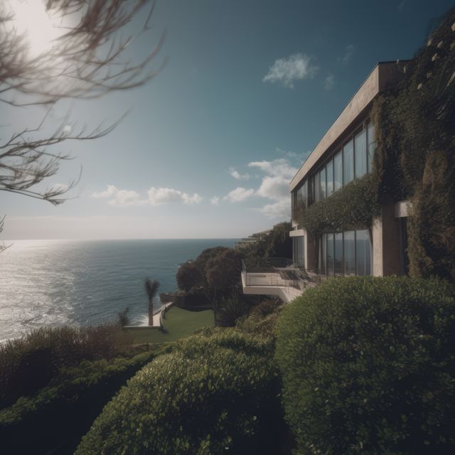 Depicting a luxurious oceanfront mansion surrounded by lush greenery, this image captures the scenic coastline view bathed in sunlight. Perfect for promoting travel destinations, luxury real estate listings, vacation rentals, or lifestyle articles.